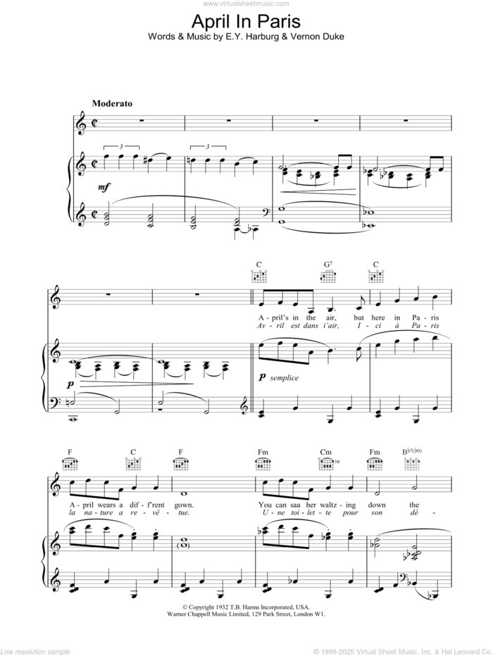 April In Paris sheet music for voice, piano or guitar by Billie Holiday, E.Y. Harburg and Vernon Duke, intermediate skill level