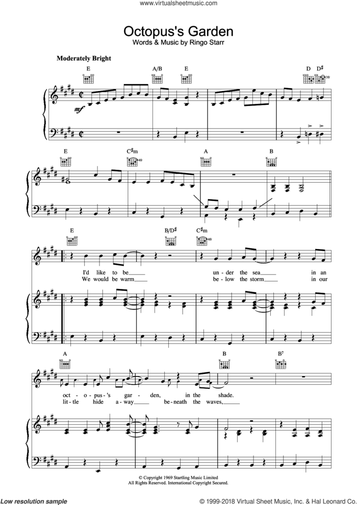 Octopus's Garden sheet music for voice, piano or guitar by The Beatles and Paul McCartney, intermediate skill level