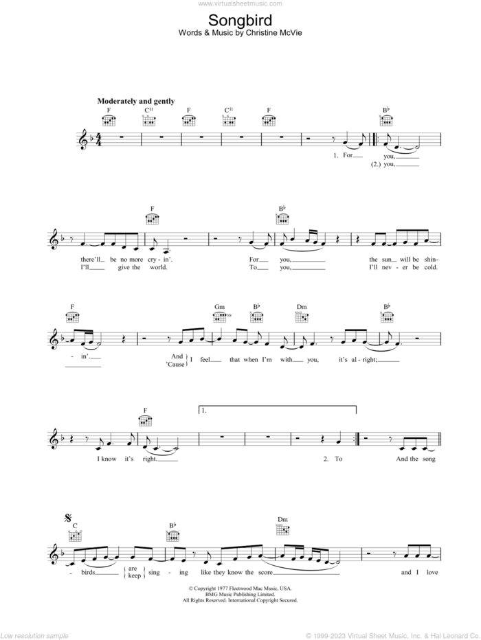 Songbird sheet music for voice and other instruments (fake book) by Fleetwood Mac and Christine McVie, intermediate skill level