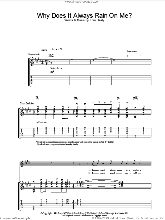 Why Does It Always Rain On Me? sheet music for guitar (tablature) by Merle Travis and FRAN HEALY, intermediate skill level