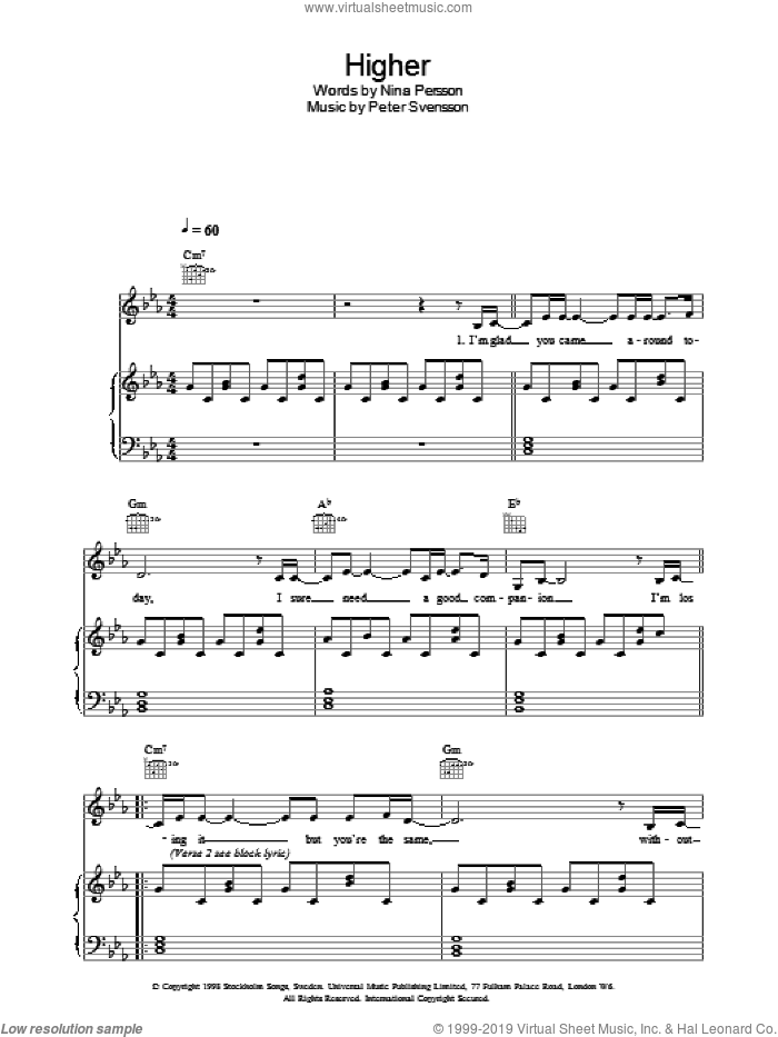 Higher sheet music for voice, piano or guitar by The Cardigans, Nina Persson and Peter Svensson, intermediate skill level