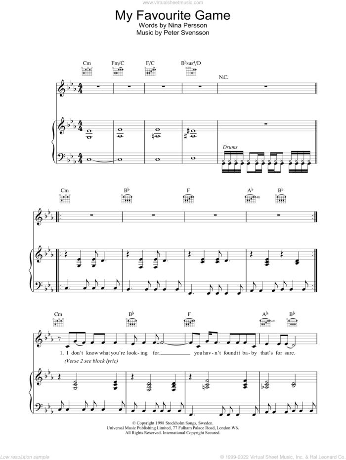 My Favourite Game sheet music for voice, piano or guitar by The Cardigans, Nina Persson and Peter Svensson, intermediate skill level