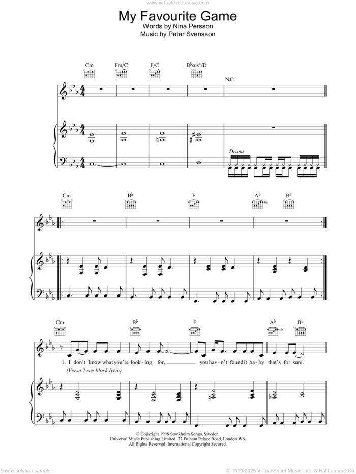 My Favourite Game sheet music for voice, piano or guitar by The Cardigans, Nina Persson and Peter Svensson, intermediate skill level