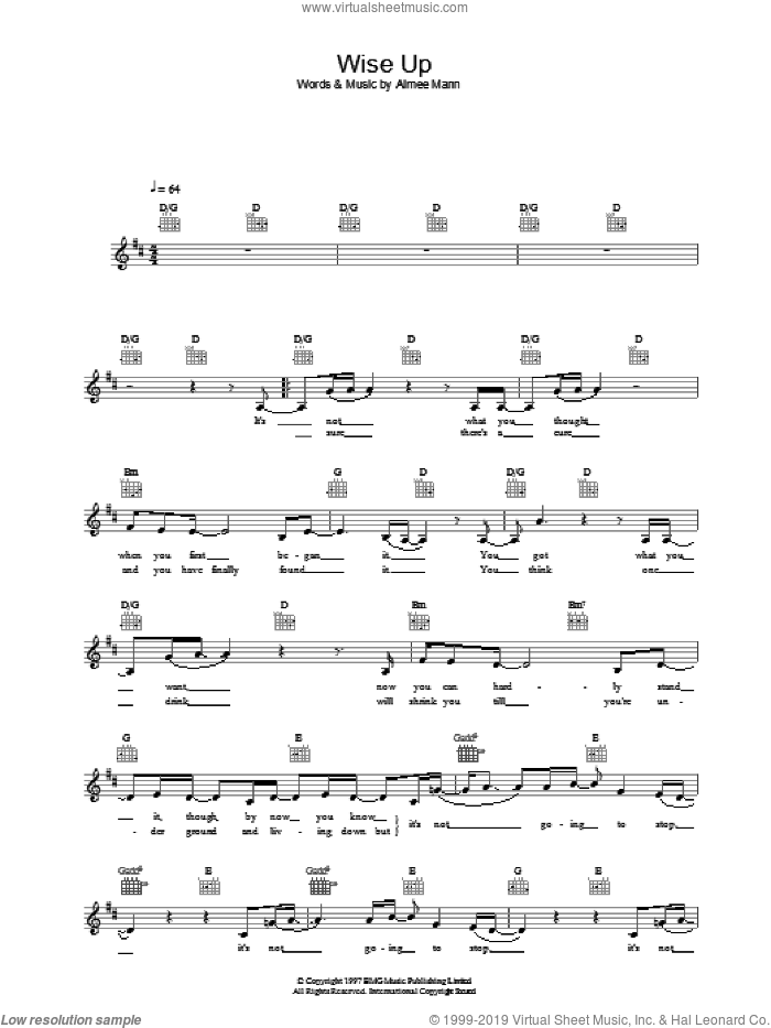 Wise Up sheet music for voice and other instruments (fake book) by Aimee Mann, intermediate skill level