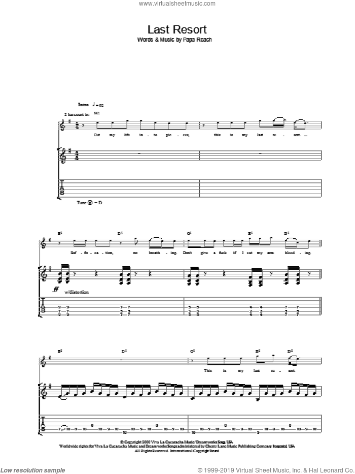 Last Resort sheet music for guitar (tablature) by Papa Roach, intermediate skill level