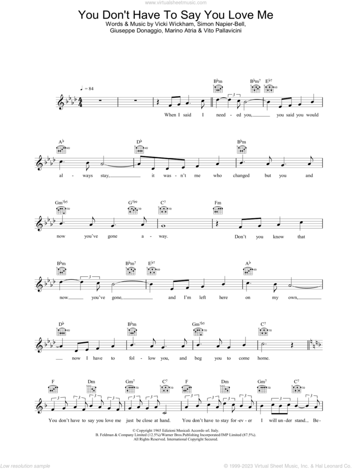 You Don't Have To Say You Love Me sheet music for voice and other instruments (fake book) by Elvis Presley, Giuseppe Donaggio, Simon Napier-Bell and Vicki Wickham, intermediate skill level