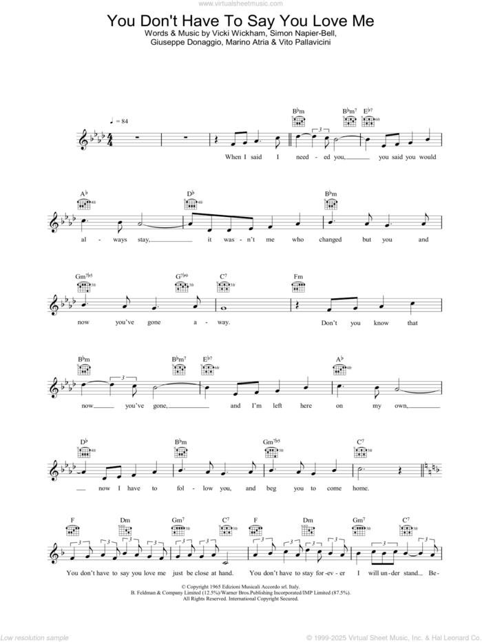 You Don't Have To Say You Love Me sheet music for voice and other instruments (fake book) by Elvis Presley, Giuseppe Donaggio, Simon Napier-Bell and Vicki Wickham, intermediate skill level