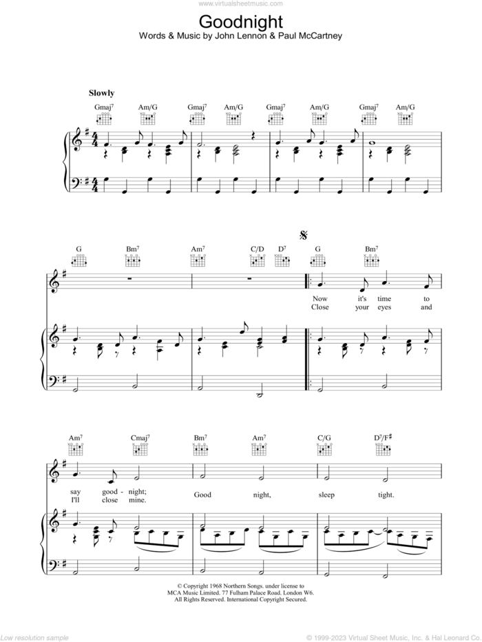 Goodnight sheet music for voice, piano or guitar by The Beatles and John Lennon, intermediate skill level