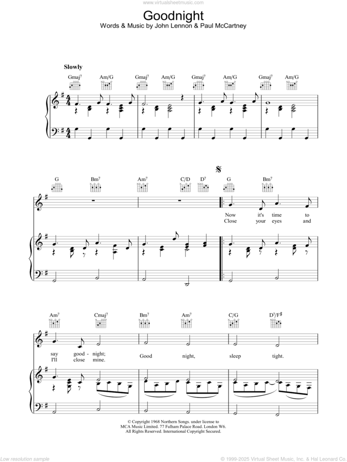 Goodnight sheet music for voice, piano or guitar by The Beatles and John Lennon, intermediate skill level