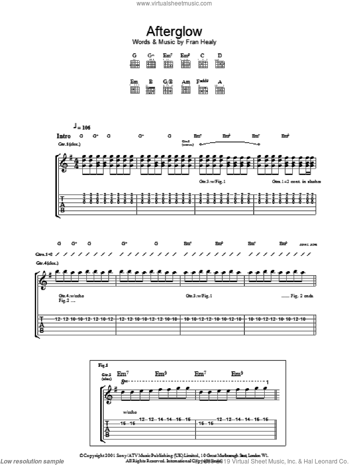 Afterglow sheet music for guitar (tablature) by Merle Travis and Fran Healy, intermediate skill level