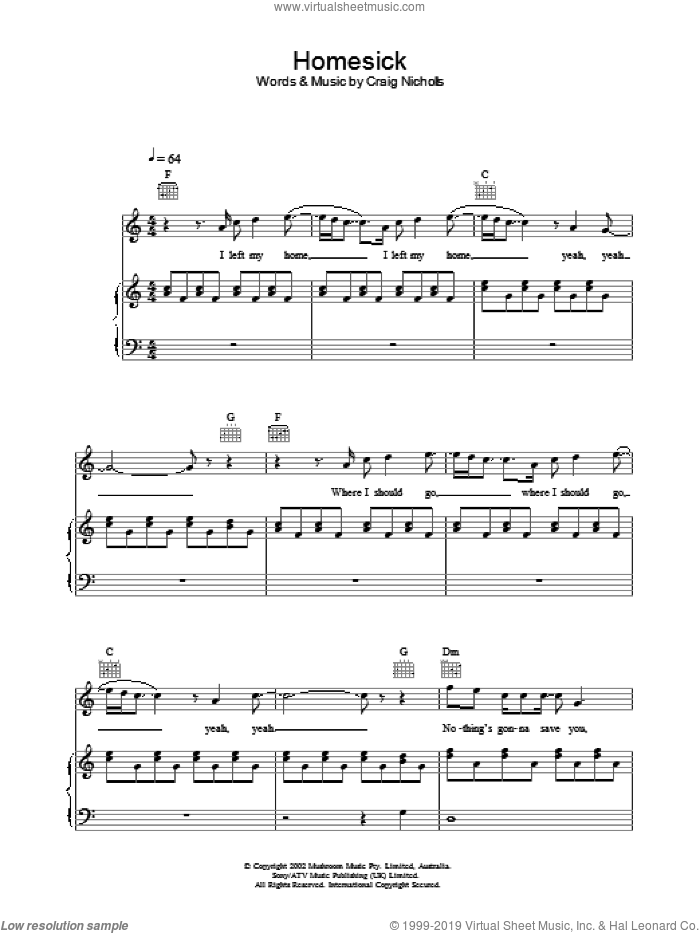 Homesick sheet music for voice, piano or guitar by The Vines and Craig Nicholls, intermediate skill level