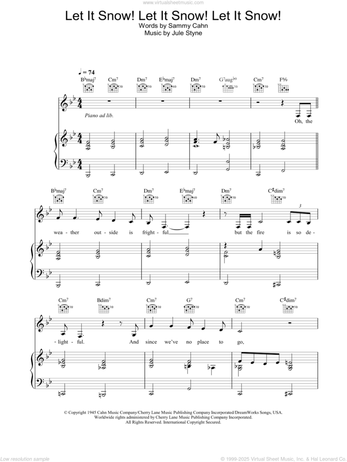 Let It Snow! Let It Snow! Let It Snow! sheet music for voice, piano or guitar by Sammy Cahn and Jule Styne, intermediate skill level