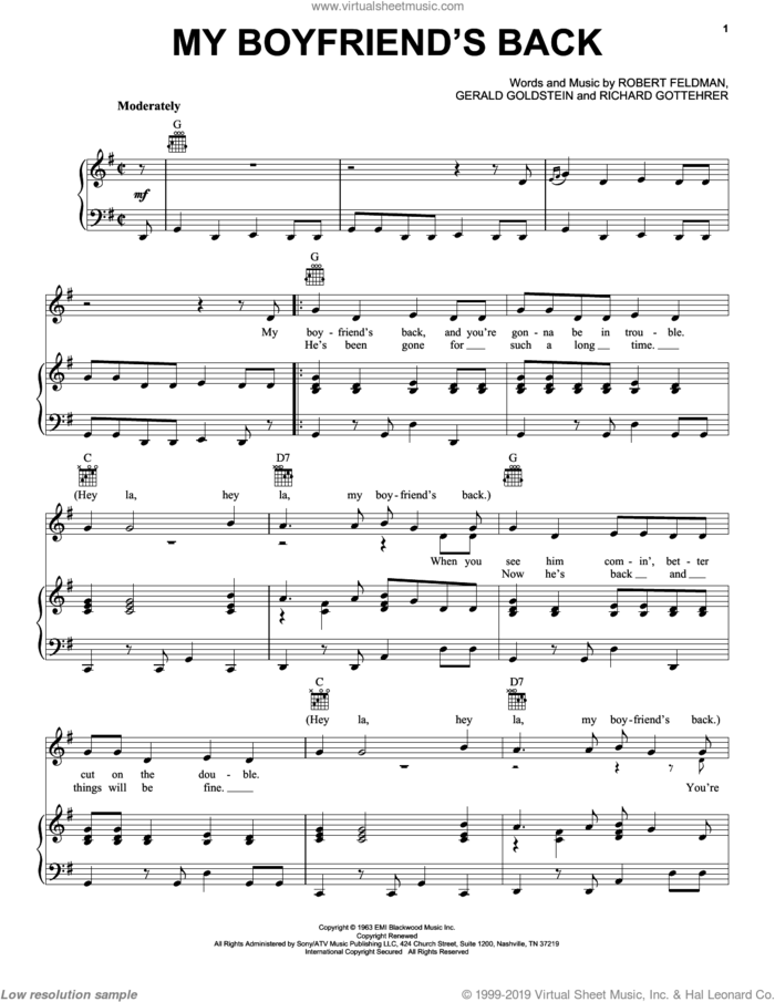 My Boyfriend's Back sheet music for voice, piano or guitar by Bobby Comstock, The Angels, Gerald Goldstein, Richard Gottehrer and Robert Feldman, intermediate skill level
