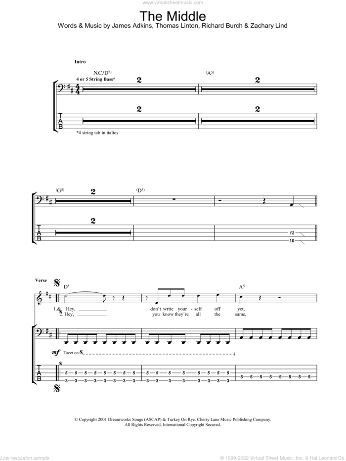 The Middle sheet music for bass (tablature) (bass guitar) by Jimmy Eat World, James Adkins, Richard Burch and Thomas D. Linton, intermediate skill level