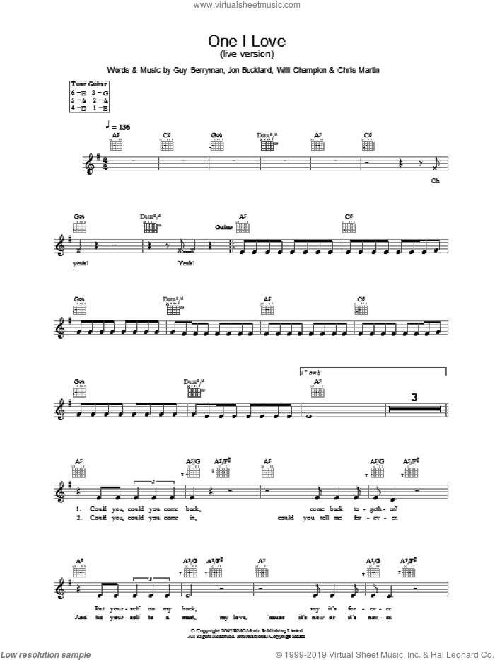 One I Love sheet music for voice and other instruments (fake book) by Guy Berryman, Coldplay, Jon Buckland and Will Champion, intermediate skill level