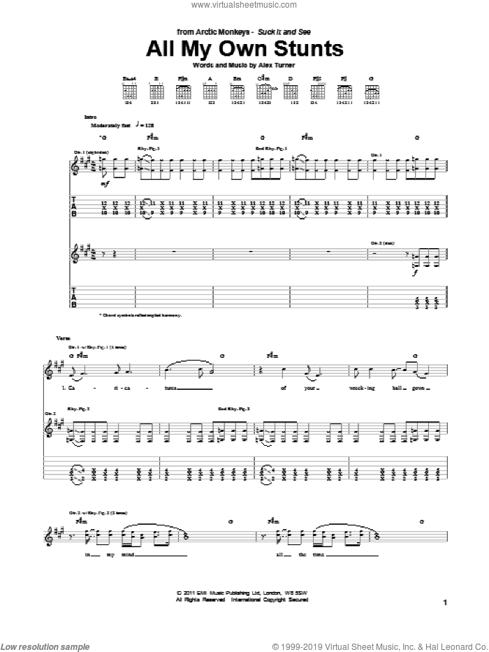 All My Own Stunts sheet music for guitar (tablature) by Arctic Monkeys and Alex Turner, intermediate skill level