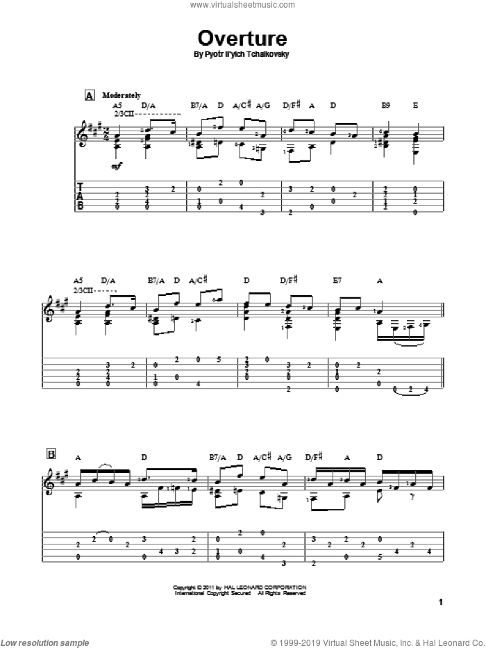 Overture sheet music for guitar solo by Pyotr Ilyich Tchaikovsky, classical score, intermediate skill level