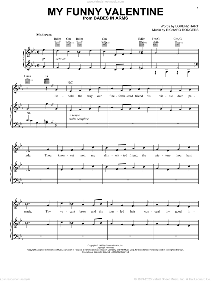 My Funny Valentine sheet music for voice, piano or guitar by Frank Sinatra, Babes In Arms (Musical), Rodgers & Hart, Lorenz Hart and Richard Rodgers, intermediate skill level