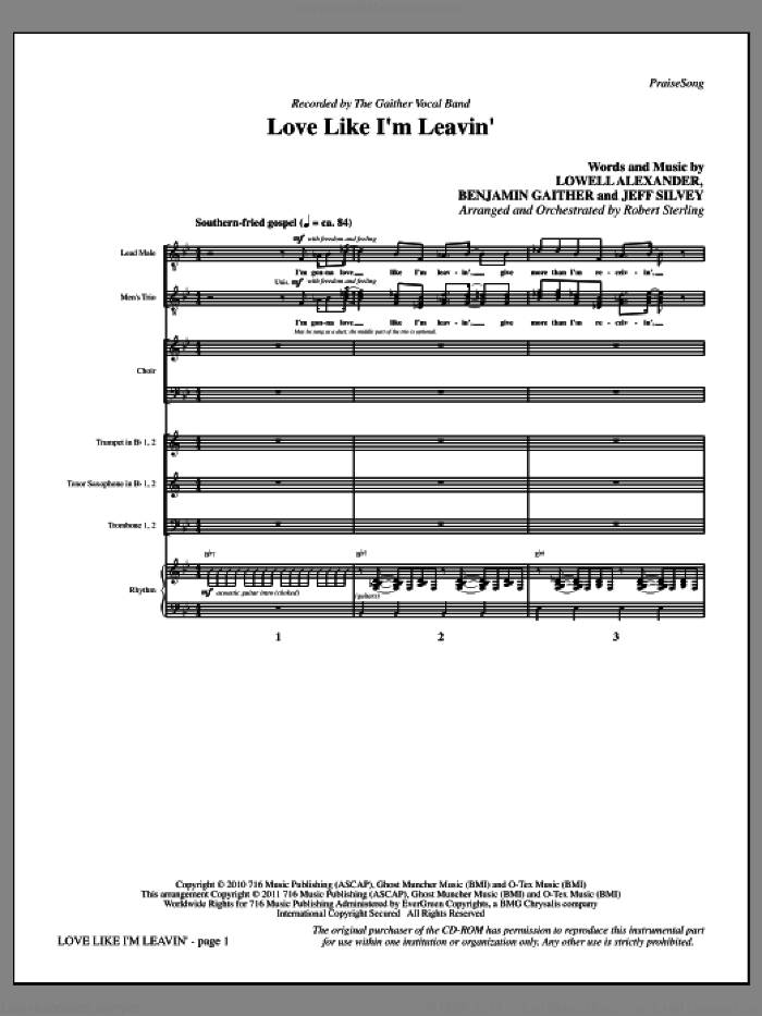 Love Like I'm Leavin' (complete set of parts) sheet music for orchestra/band (Rhythm) by Robert Sterling, Benjamin Gaither, Jeff Silvey, Lowell Alexander and The Gaither Vocal Band, intermediate skill level