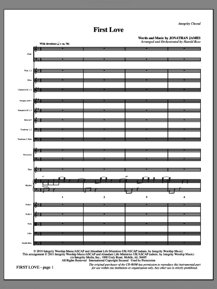 First Love (complete set of parts) sheet music for orchestra/band (Orchestra) by Harold Ross and Jonathan James, intermediate skill level