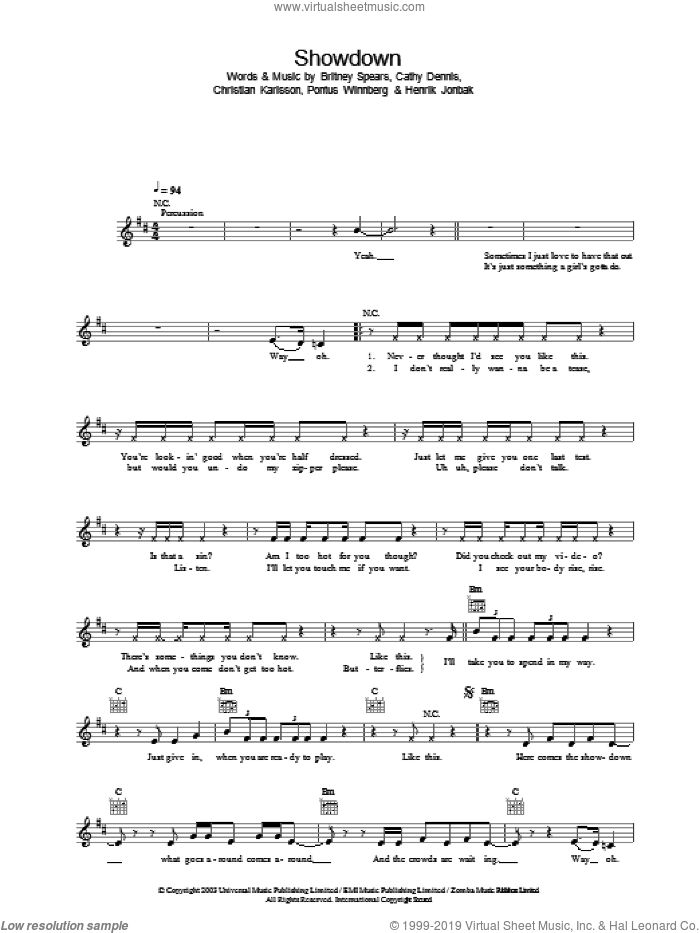 Showdown sheet music for voice and other instruments (fake book) by Britney Spears, Cathy Dennis and Christian Karlsson, intermediate skill level