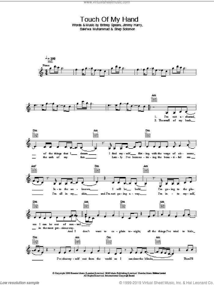 Touch Of My Hand sheet music for voice and other instruments (fake book) by Britney Spears and Jimmy Harry, intermediate skill level
