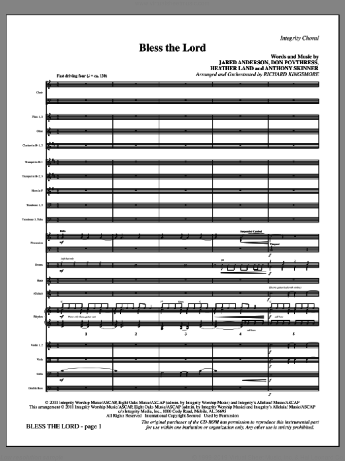 Bless The Lord (complete set of parts) sheet music for orchestra/band (Orchestra) by Jared Anderson, Anthony Skinner, Don Poythress, Heather Land and Richard Kingsmore, intermediate skill level