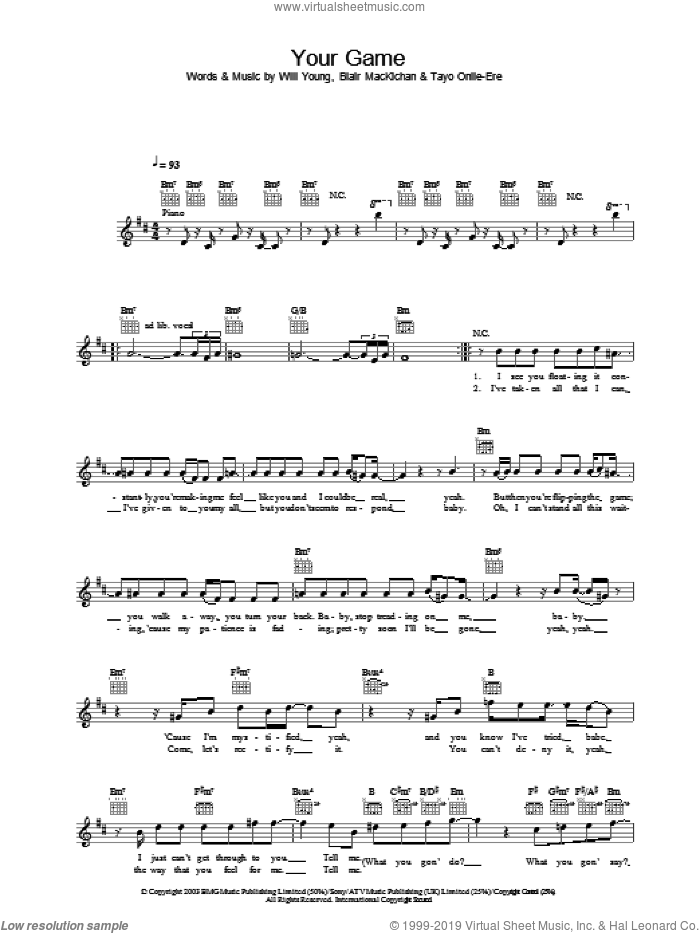 Your Game sheet music for voice and other instruments (fake book) by Will Young, Blair MacKichan and Tayo Onile-Ere, intermediate skill level