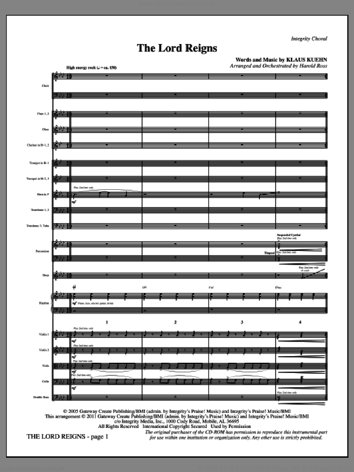 The Lord Reigns (complete set of parts) sheet music for orchestra/band (Orchestra) by Harold Ross and Klaus Kuehn, intermediate skill level