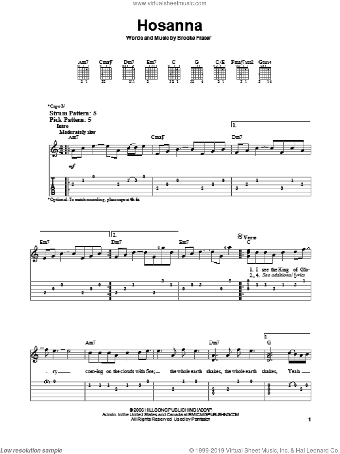 Hosanna sheet music for guitar solo (easy tablature) by Hillsong United and Brooke Fraser, easy guitar (easy tablature)
