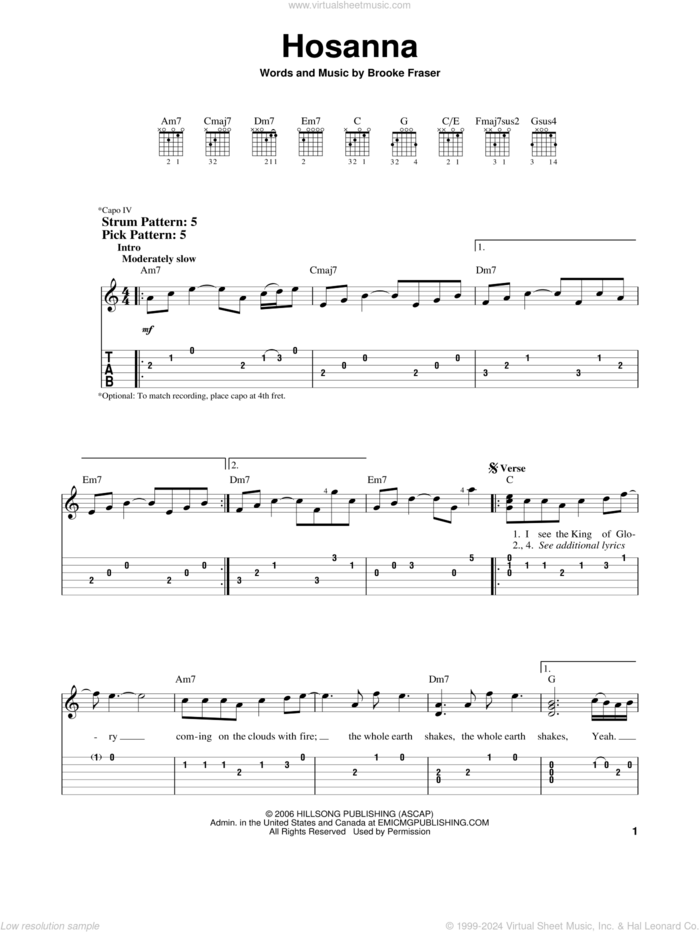 Hosanna sheet music for guitar solo (easy tablature) by Hillsong United and Brooke Fraser, easy guitar (easy tablature)