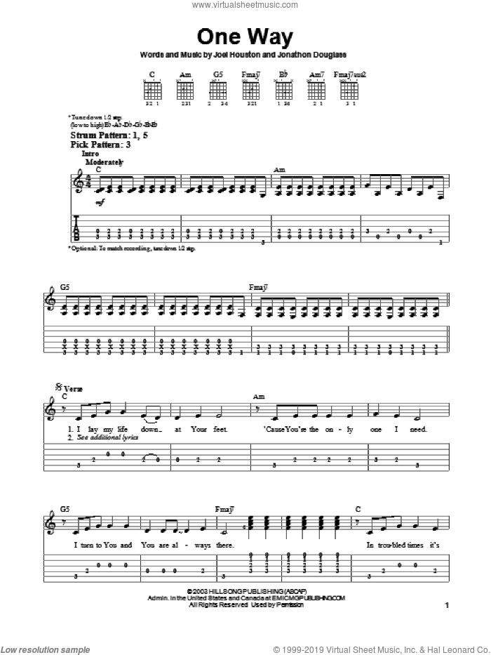 One Way sheet music for guitar solo (easy tablature) by Hillsong United, Phillips, Craig & Dean, Joel Houston and Jonathon Douglass, easy guitar (easy tablature)