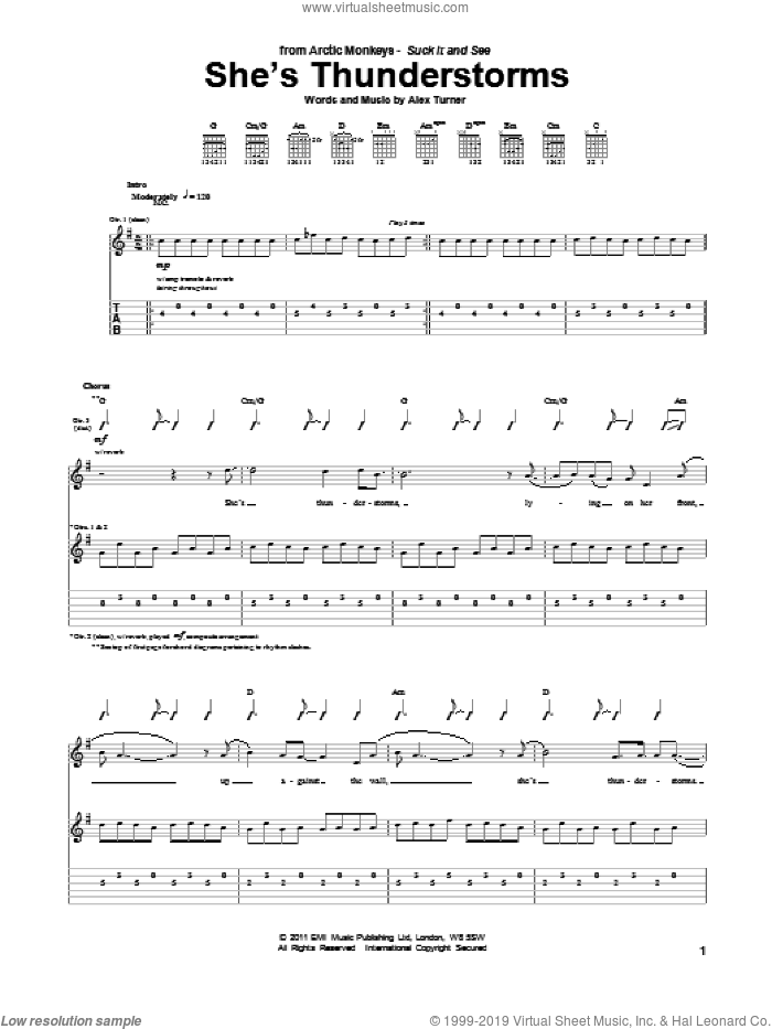 She's Thunderstorms sheet music for guitar (tablature) by Arctic Monkeys and Alex Turner, intermediate skill level