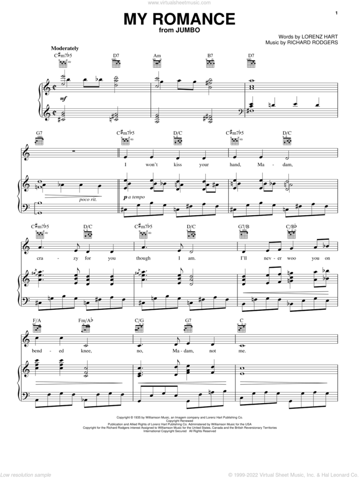 My Romance sheet music for voice, piano or guitar by Rodgers & Hart, Lorenz Hart and Richard Rodgers, intermediate skill level