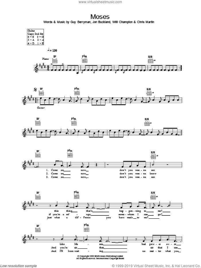 Moses sheet music for voice and other instruments (fake book) by Guy Berryman, Coldplay, Jon Buckland and Will Champion, intermediate skill level