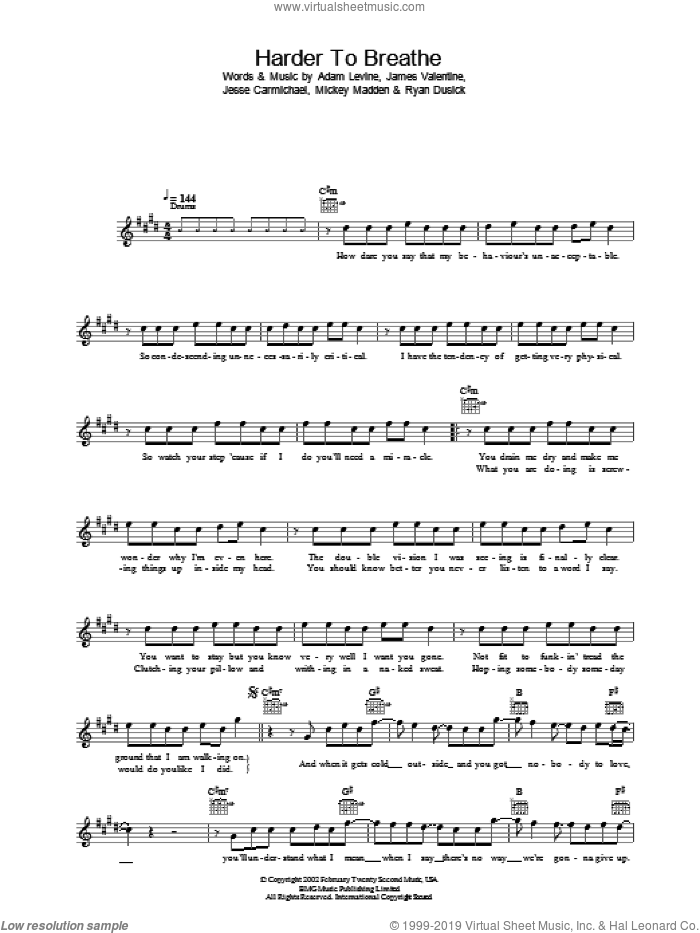 Harder To Breathe sheet music for voice and other instruments (fake book) by Maroon 5, Adam Levine and Jesse Carmichael, intermediate skill level