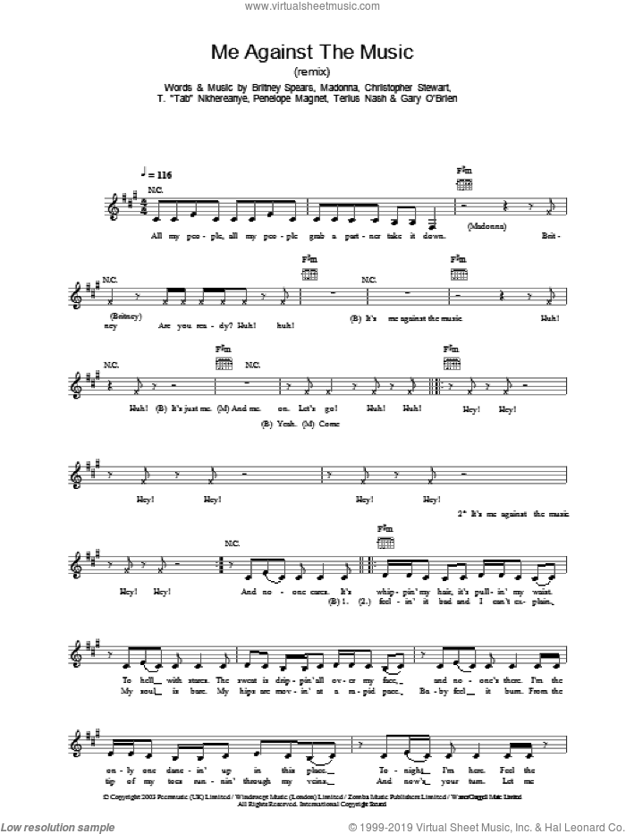 Me Against The Music sheet music for voice and other instruments (fake book) by Britney Spears, Madonna, Christopher Stewart, Dorian Hardnett and Terius Nash, intermediate skill level