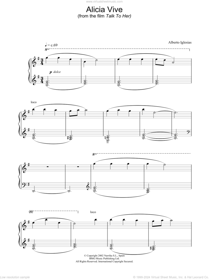 Alicia Vive sheet music for piano solo by Talk To Her and Alberto Iglesias, intermediate skill level