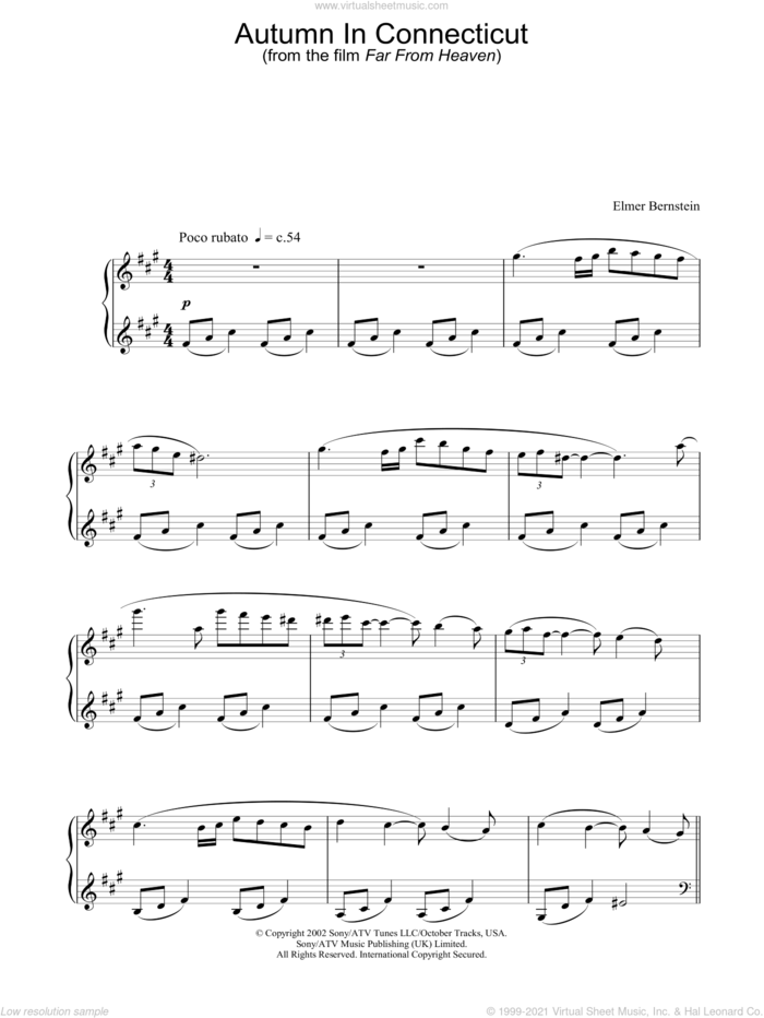 Autumn In Connecticut sheet music for piano solo by Far From Heaven and Elmer Bernstein, intermediate skill level