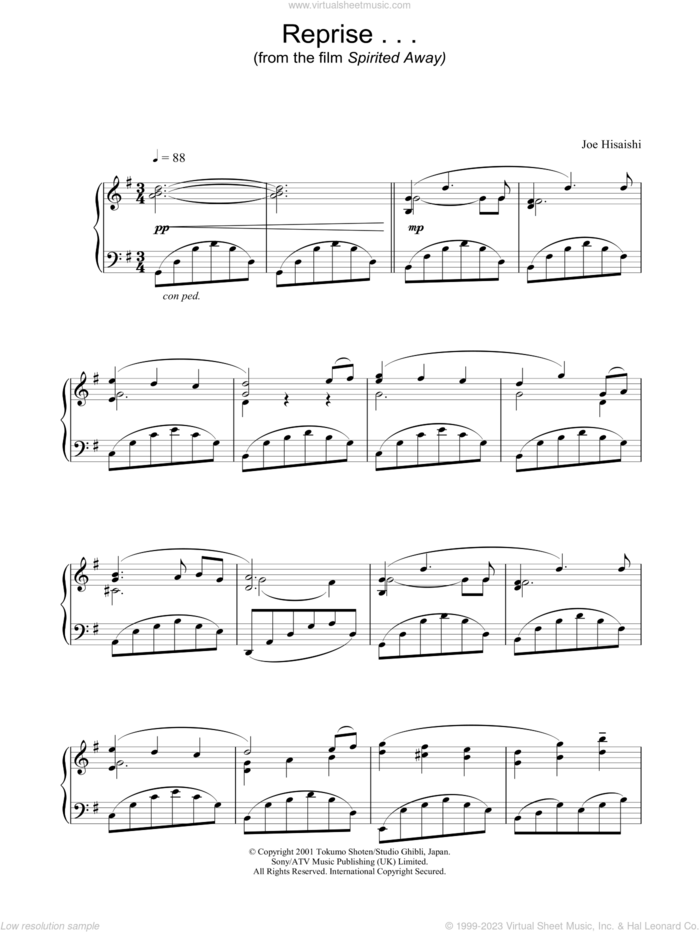 Reprise ... (from Spirited Away) sheet music for piano solo by Joe Hisaishi and Spirited Away, intermediate skill level