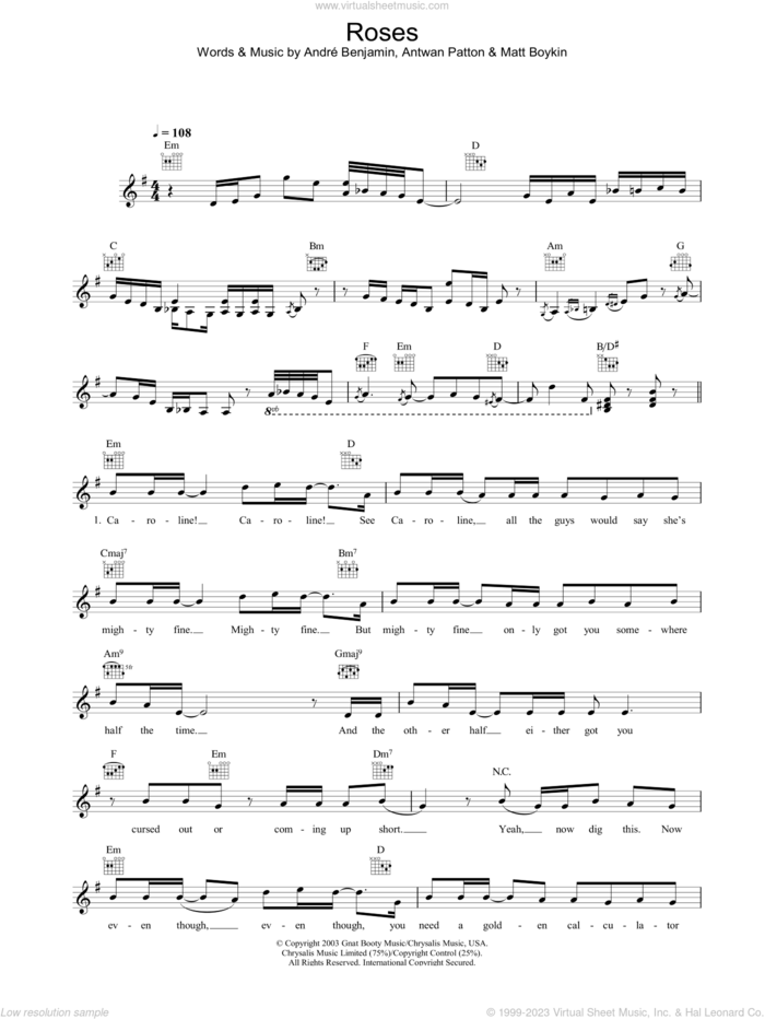 Roses sheet music for voice and other instruments (fake book) by OutKast, Andre Benjamin and Matt Boykin, intermediate skill level