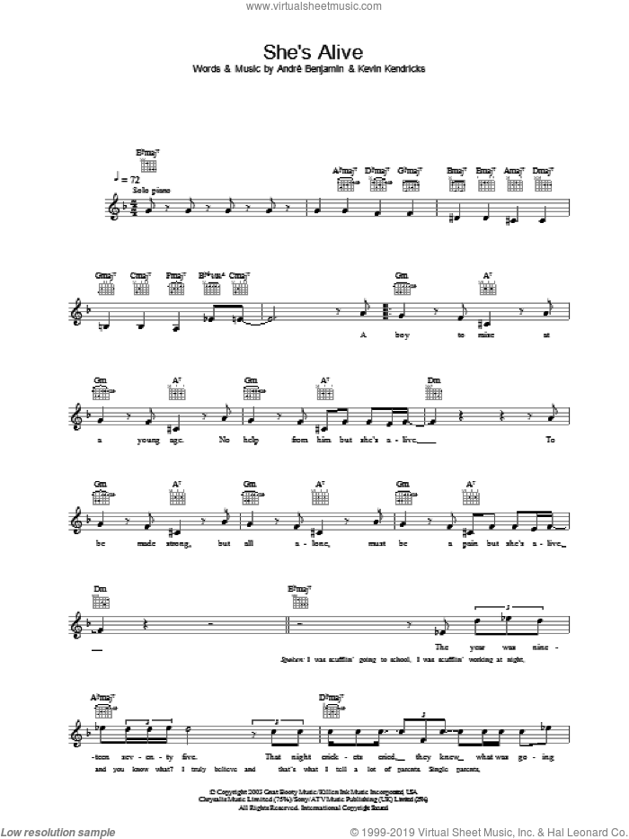 She's Alive sheet music for voice and other instruments (fake book) by OutKast, Andre Benjamin and Kevin Kendricks, intermediate skill level