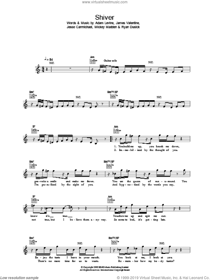 Shiver sheet music for voice and other instruments (fake book) by Maroon 5, Adam Levine and Jesse Carmichael, intermediate skill level