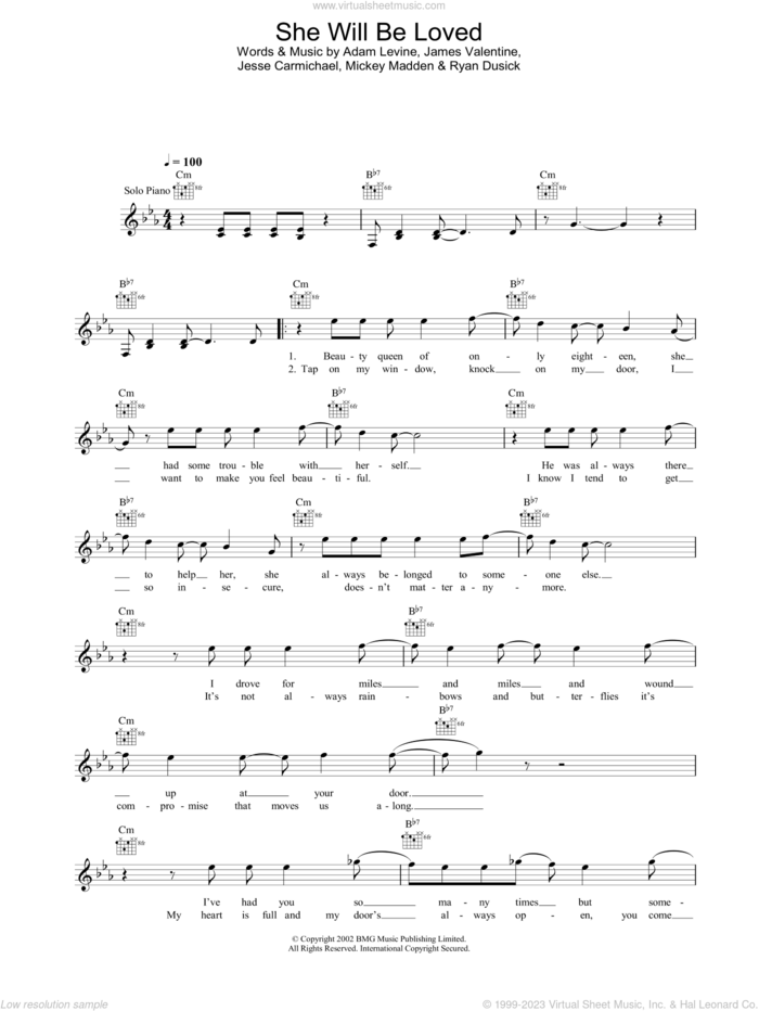 She Will Be Loved sheet music for voice and other instruments (fake book) by Maroon 5, Adam Levine and James Valentine, intermediate skill level