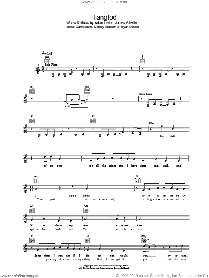 Tangled sheet music for voice and other instruments (fake book) by Maroon 5 and Adam Levine, intermediate skill level