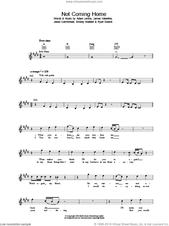 Not Coming Home sheet music for voice and other instruments (fake book) by Maroon 5, Adam Levine, Jesse Carmichael and Ryan Dusick, intermediate skill level