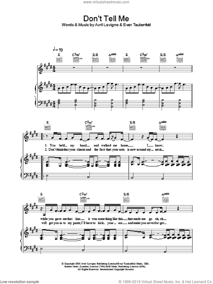 Don't Tell Me sheet music for voice, piano or guitar by Avril Lavigne and Evan Taubenfeld, intermediate skill level