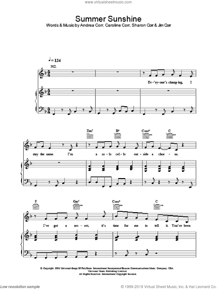 Summer Sunshine sheet music for voice, piano or guitar by Andrea Corr, The Corrs, Caroline Corr and Sharon Corr, intermediate skill level