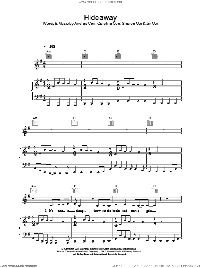 Hideaway sheet music for voice, piano or guitar by Andrea Corr, The Corrs, Caroline Corr and Sharon Corr, intermediate skill level