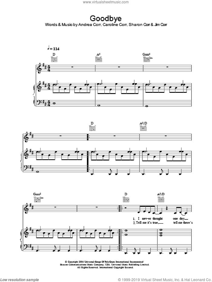 Goodbye sheet music for voice, piano or guitar by Andrea Corr, The Corrs, Caroline Corr and Sharon Corr, intermediate skill level